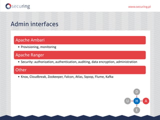 Admin interfaces
Apache Ambari
• Provisioning, monitoring
Apache Ranger
• Security: authorization, authentication, auditing, data encryption, administration
Other
• Knox, Cloudbreak, Zookeeper, Falcon, Atlas, Sqoop, Flume, Kafka
H
D
A
E
U
 