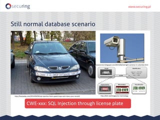 Still normal database scenario
CWE-xxx: SQL Injection through license plate
http://hackaday.com/2014/04/04/sql-injection-fools-speed-traps-and-clears-your-record/
http://hococonnect.blogspot.com/2015/06/red-light-cameras-in-columbia.html
http://8z4.net/images/ocr-technology
 