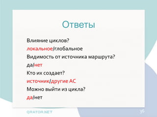 Ответы
Влияние циклов?
локальное/глобальное
Видимость от источника маршрута?
да/нет
Кто их создает?
источник/другие АС
Можно выйти из цикла?
да/нет

                                   36
 