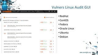 •RedHat
•CentOS
•Fedora
•Oracle Linux
•Ubuntu
•Debian
Vulners Linux Audit GUI
 