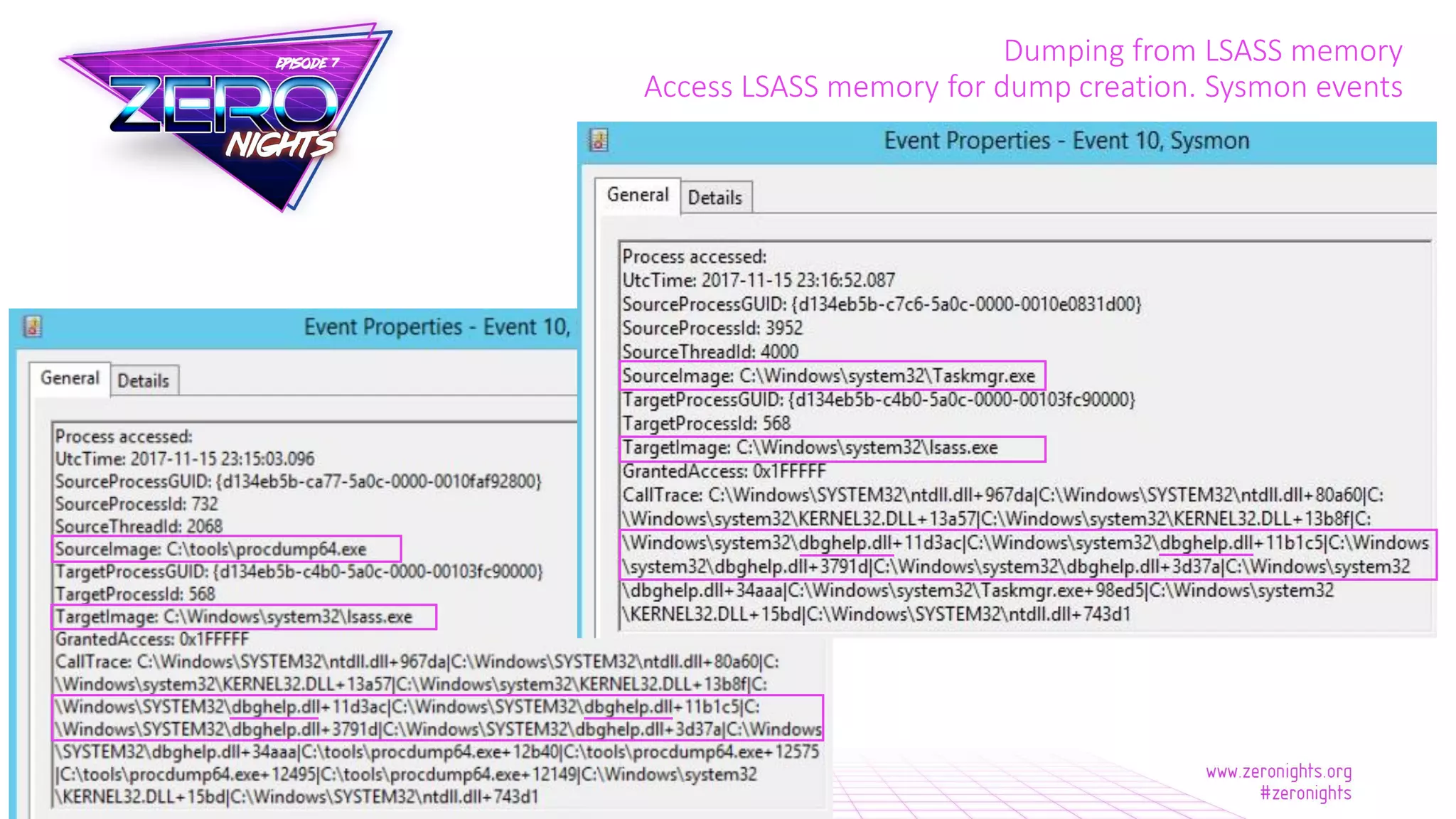 Dumping from LSASS memory
Access LSASS memory for dump creation. Sysmon events
 