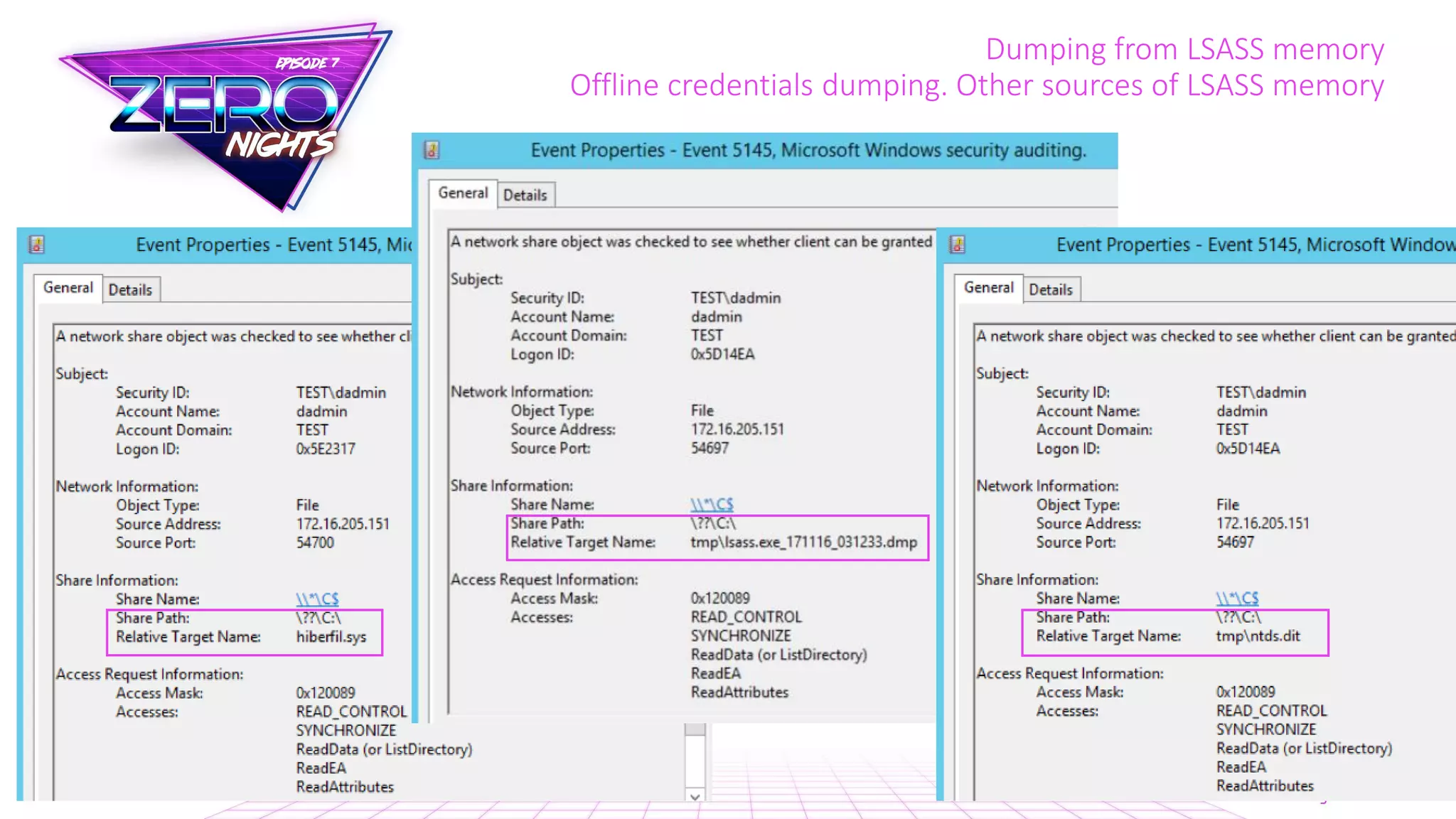 Dumping from LSASS memory
Offline credentials dumping. Other sources of LSASS memory
 