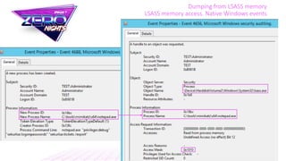 Dumping from LSASS memory
LSASS memory access. Native Windows events
 