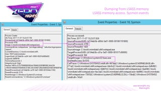 Dumping from LSASS memory
LSASS memory access. Sysmon events
 