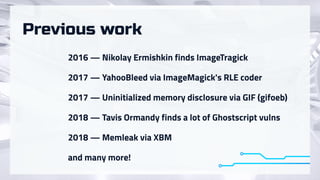 2016 — Nikolay Ermishkin finds ImageTragick
2017 — YahooBleed via ImageMagick's RLE coder
2017 — Uninitialized memory disclosure via GIF (gifoeb)
2018 — Tavis Ormandy finds a lot of Ghostscript vulns
2018 — Memleak via XBM
and many more!
Previous work
 
