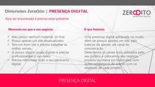 Dimensões ZeroOito | PRESENÇA DIGITAL
PRESENÇA DIGITAL
Uma presença digital adequada vai muito
além de possuir apenas um site, pois
trata-se de apenas um canal de
comunicação
Detectamos os canais mais utilizados pelo
seu público e colocamos seu negócio,
produto ou marca em todos eles, com
ações estratégicas de acordo com os
objetivos de cada projeto.
 Não possui nenhum material on line;
 Possui apenas um site desatualizado;
 Tem um bom site e precisa trabalhar as
mídias sociais;
 Já possui alguns canais digitais e precisa
profissionalizar o uso deles;
 Precisa reformular todo o seu panorama
digital;
Para ser encontrado é preciso estar presente
Momento em que o seu negócio: O que fazemos
 