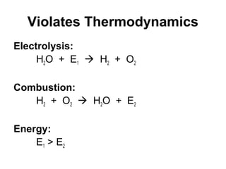 Violates Thermodynamics
Electrolysis:
H2O + E1  H2 + O2
Combustion:
H2 + O2  H2O + E2
Energy:
E1 > E2
 