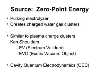 Source: Zero-Point Energy
• Pulsing electrolyzer
• Creates charged water gas clusters
• Similar to plasma charge clusters
Ken Shoulders
- EV (Electrum Validum)
- EVO (Exotic Vacuum Object)
• Cavity Quantum Electrodynamics (QED)
 