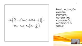 Nesta equação
existem
inúmeras
constantes
como serão
mostradas a
seguir.
 Ks
R0
2
2
 rc
2 lnrc   lnR0  1
2

 Vfb  Vgs  Kox R0 
rc
2
R0
7
 