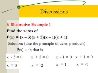 Discussions 
Illustrative Example 1 
Find the zeros of 
P(x) = (x – 3)(x + 2)(x – 1)(x + 1). 
Solution: (Use the principle of zero products) 
P(x) = 0; that is 
x - 3 = 0 x + 2 = 0 x - 1 = 0 x + 1 = 0 
x = 3 x = -2 x = 1 x = -1 
 
