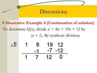 Discussions 
Illustrative Example 4 (Continuation of solution) 
To determine Q(x), divide x3 + 8x2 + 19x + 12 by 
(x + 1). By synthetic division; 
--11 11 88 1199 1122 
11 
--11 
77 
--77 
1122 
--1122 
00 
 