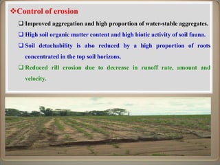 Control of erosion
   Improved aggregation and high proportion of water-stable aggregates.
   High soil organic matter content and high biotic activity of soil fauna.
   Soil detachability is also reduced by a high proportion of roots
    concentrated in the top soil horizons.
   Reduced rill erosion due to decrease in runoff rate, amount and
    velocity.
 