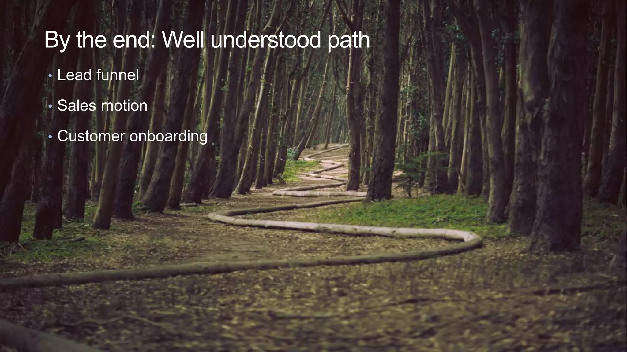 By the end: Well understood path
• Lead funnel
• Sales motion
• Customer onboarding
 