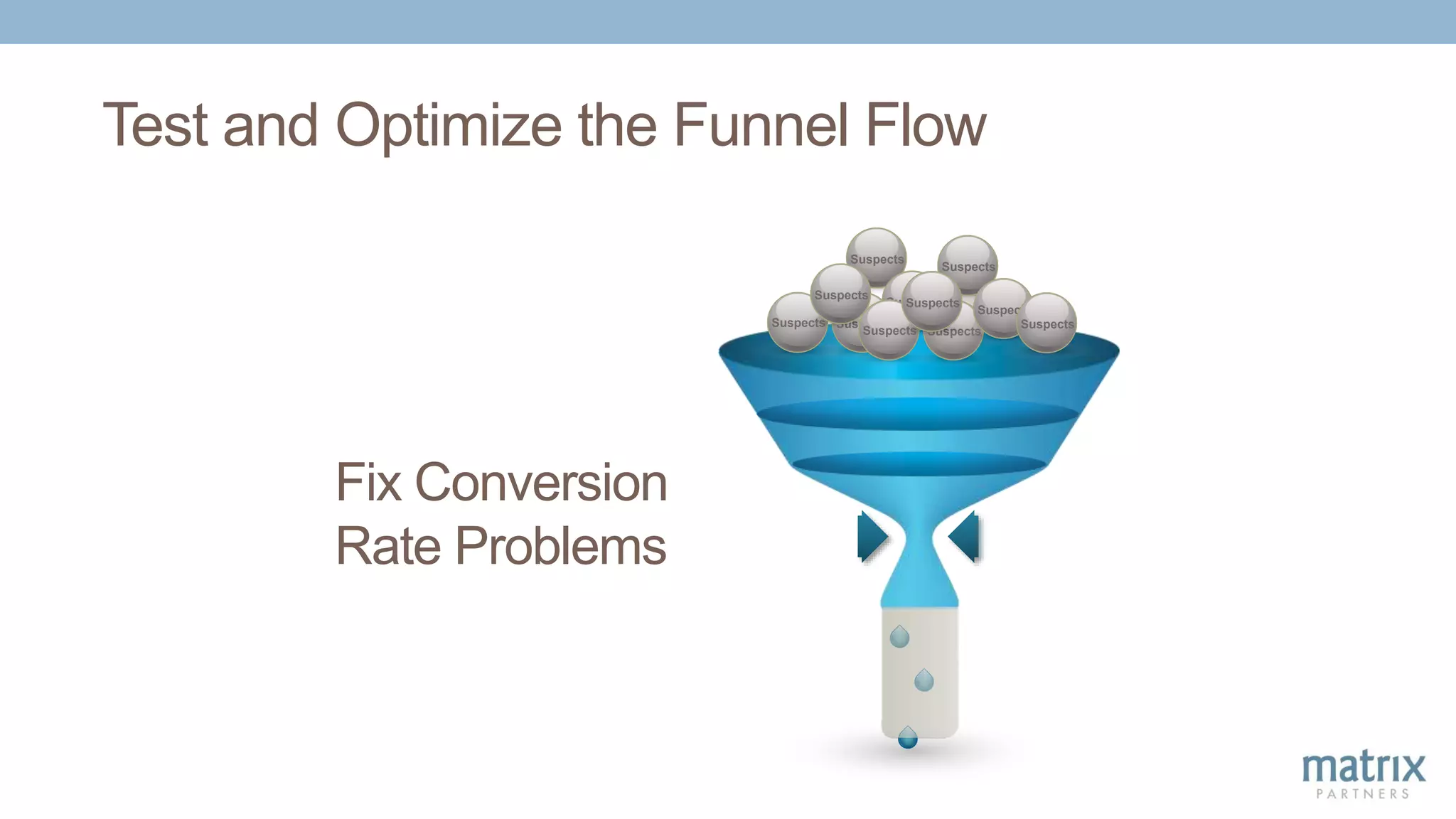 Test and Optimize the Funnel Flow
Fix Conversion
Rate Problems
Suspects Suspects
Suspects
Suspects
Suspects
Suspects
Suspects Suspects
Suspects
Suspects
Suspects
Suspects
 