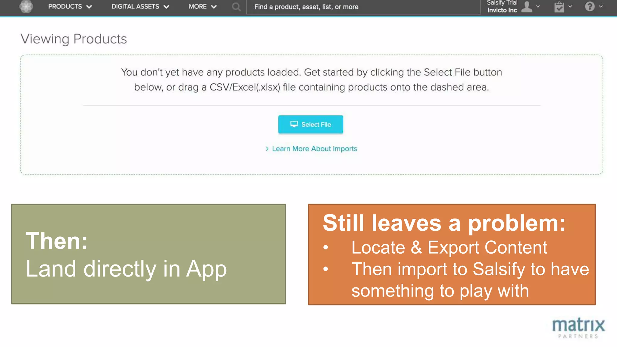 Still leaves a problem:
• Locate & Export Content
• Then import to Salsify to have
something to play with
Then:
Land directly in App
 