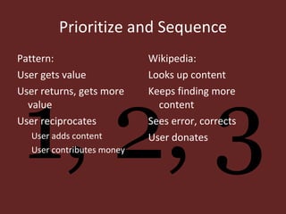 Prioritize and Sequence <ul><li>Pattern: </li></ul><ul><li>User gets value </li></ul><ul><li>User returns, gets more value...