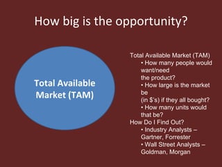 How big is the opportunity? Total Available Market (TAM) <ul><li>Total Available Market (TAM) </li></ul><ul><ul><li>•  How...