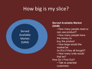 How big is my slice? Total Available Market (TAM) <ul><li>Served Available Market (SAM) </li></ul><ul><ul><li>•  How many ...