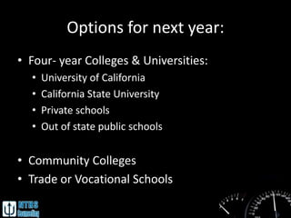 Options for next year:
• Four- year Colleges & Universities:
  •   University of California
  •   California State University
  •   Private schools
  •   Out of state public schools


• Community Colleges
• Trade or Vocational Schools
 