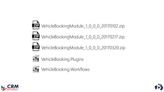 VehicleBookingModule_1_0_0_0_20170102.zip
VehicleBookingModule_1_0_0_0_20170217.zip
VehicleBookingModule_1_0_0_0_20170320.zip
VehicleBooking.Plugins
VehicleBooking.Workflows
 