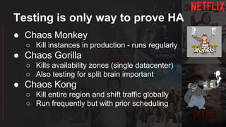 Testing is only way to prove HA
● Chaos Monkey
○ Kill instances in production - runs regularly
● Chaos Gorilla
○ Kills availability zones (single datacenter)
○ Also testing for split brain important
● Chaos Kong
○ Kill entire region and shift traffic globally
○ Run frequently but with prior scheduling
 