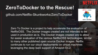 ZeroToDocker to the Rescue!
github.com/Netflix-Skunkworks/ZeroToDocker
Zero To Docker is a project to help accelerate the evaluation of
NetflixOSS. The Docker images created are not intended to be
used in production as is. The Docker images created are to allow
for easier evaluation of the various NetflixOSS technologies, similar
to many other published open source Docker images. Netflix
continues to run our cloud deployments on virtual machines
leveraging the deep IaaS support of Amazon EC2.
 