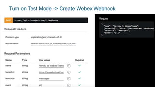 © 2018 Cisco and/or its affiliates. All rights reserved. Cisco Public
Turn on Test Mode -> Create Webex Webhook
 