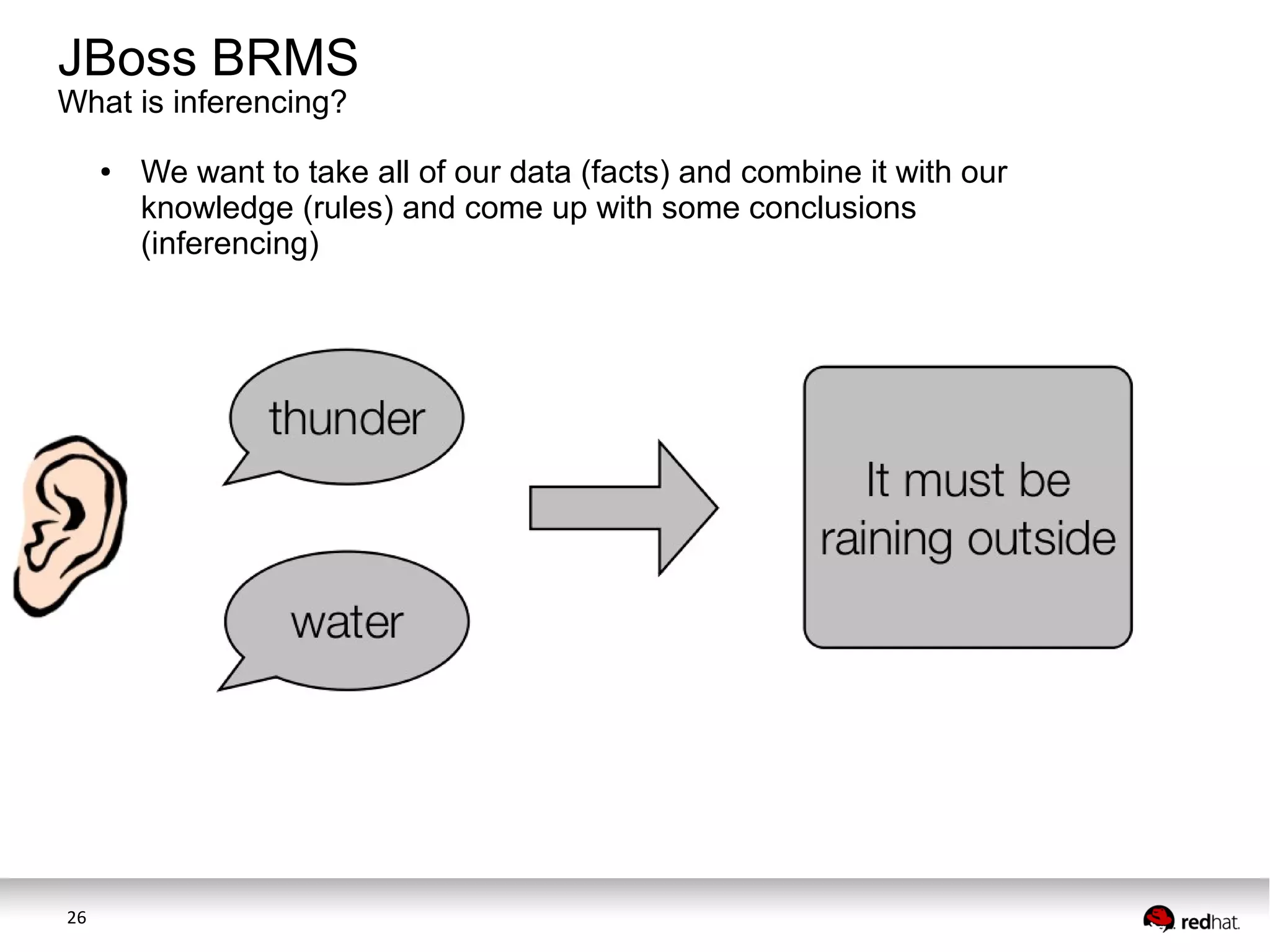 JBoss BRMS
What is inferencing?
●

26

We want to take all of our data (facts) and combine it with our
knowledge (rules) and come up with some conclusions
(inferencing)

 