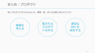 良いプロダクト作りのためには、戦略、愛、KPI が必要と⾔えそうです。
114
まとめ：プロダクト
戦略を
考える
愛される
プロダク
トを作る
適切な
KPI を
設定する
 