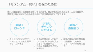 勢いと成⻑は多くの問題を解決してくれます。勢いがあれば⼈の⼼はチームから離れず、
雰囲気も良いままさらなる成⻑に向けて⾛り続けることができます。
119
「モメンタム＝勢い」を保つために
素早く
ローンチ
⼩さな
チャンク
に分ける
顧客と
直接会う
• ⾃分たちのためのモチ
ベーションのために素早
くローンチする
• ⼤きな野望があっても正
しいサイズの⼩さなプロ
ジェクトに分割する
• とにかく改善のサイクル
を早める
• 顧客の喜びの声を関係者
に直接聞いてもらう
• フィードバックを常に貰
う
 