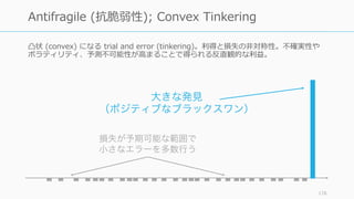 凸状 (convex) になる trial and error (tinkering)。利得と損失の⾮対称性。不確実性や
ボラティリティ、予測不可能性が⾼まることで得られる反直観的な利益。
178
Antifragile (抗脆弱性); Convex Tinkering
損失が予期可能な範囲で
小さなエラーを多数行う
大きな発見
（ポジティブなブラックスワン）
 
