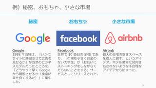 23
例）秘密、おもちゃ、⼩さな市場
Google
1998 年当時は、「いかに
サイトに滞留させて広告を
⾒せるか」が当然のビジネ
スモデルだったところを、
「どうやって早く Google
から離脱させるか（検索結
果を良くするか）」に集中
した。
Airbnb
個⼈の⾃宅の空きスペース
を他⼈に貸す、というアイ
デア。ホテル業界に⾒向き
もされないような不合理な
アイデアから始まった。
Facebook
世界で 10 番⽬の SNS であ
り、「市場も⼩さくお⾦の
ない⼤学⽣」が「お互いに
ストーキングをしながらく
だらないことをする」サー
ビスとしてリリースされた。
秘密 ⼩さな市場おもちゃ
 
