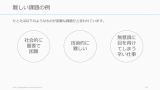 たとえば以下のようなものが困難な課題だと⾔われています。
http://paulgraham.com/schlep.html 29
難しい課題の例
社会的に
重要で
困難
技術的に
難しい
無意識に
⽬を背け
てしまう
⾟い仕事
 