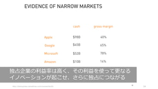 54
Google
Apple
Microsoft
Amazon
$98B
$45B
$52B
$10B
cash
40%
gross margin
65%
78%
14%
EVIDENCE OF NARROW MARKETS
17
http://startupclass.samaltman.com/courses/lec05/
独占企業の利益率は⾼く、その利益を使って更なる
イノベーションが起こせ、さらに独占につながる
 