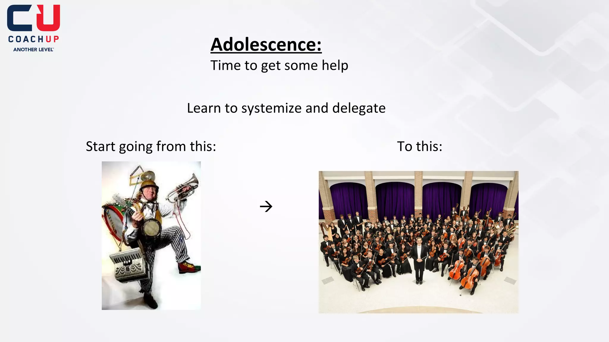 Adolescence:

Time to get some help
Learn to systemize and delegate
Start going from this:

To this:



 