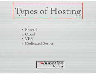 Types of Hosting
✦ Shared
✦ Cloud
✦ VPS
✦ Dedicated Server
 
