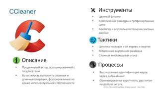 © 2018 Cisco and/or its affiliates. All rights reserved. Cisco Public
CCleaner Инструменты
Тактики
• Цепочка поставок и от жертвы к жертве
• Медленная внутренняя разведка
• Сложная многоходовая атака
Процессы
• Высокоточная идентификация жертв
через датамайнинг
• Ориентирован на скрытность, рассчитан
на долгую «игру»
• Целевой фишинг
• Комплексная разведка и профилирование
цели
• Кейлогер и вор пользовательских учетных
данных
• Продвинутый актор, ассоциированный с
государством
• Возможность выполнять сложные и
длинные операции, фокусированные на
краже интеллектуальной собственности
Описание
 