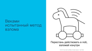 © 2018 Cisco and/or its affiliates. All rights reserved. Cisco Public
Веками
испытанный метод
взлома
Перестань действовать в лоб,
взломай изнутри
 
