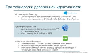 © 2018 Cisco and/or its affiliates. All rights reserved. Cisco Public
Три технологии доверенной идентичности
Microsoft Active Directory
• Аутентификация пользователей в Windows, Macintosh и Linux
• Клиентские приложения: Outlook Email и Calendar, SharePoint, …
Аутентификация 802.1x
• Для проводных и беспроводных сетей, VPN
и домашних офисов
• Cisco Identity Services Engine (ISE)
Управление идентификацией
• Для мобильных, облачных и корпоративных приложений
• Многофакторная аутентификация и Single Sign on.
• Пользователи могут войти в систему один раз в начале дня и
оставаться в ней пока активна их сессия
 