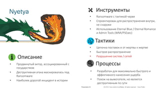 © 2018 Cisco and/or its affiliates. All rights reserved. Cisco Public
Nyetya
Presentation ID
Инструменты
Тактики
• Цепочка поставок и от жертвы к жертве
• Быстрое распространение
• Разрушение систем / сетей
Процессы
• Разработан для максимально быстрого и
эффективного нанесения ущерба
• Похож на вымогателя, но является
деструктивным по сути
• Ransomware с тактикой червя
• Спроектирован для распространения внутри,
не снаружи
• Использование Eternal Blue / Eternal Romance
и Admin Tools (WMI/PSExec)
• Продвинутый актор, ассоциированный с
государством
• Деструктивная атака маскировалась под
Ransomware
• Наиболее дорогой инцидент в истории
Описание
 
