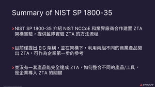 CyCraft Proprietary and Confidential Information
Summary of NIST SP 1800-35
NIST SP 1800-35 NIST NCCoE ZTA
ZTA
EIG
ZTA
ZTA /
ZTA
 