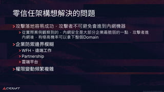 CyCraft Proprietary and Confidential Information CyCraft Proprietary and Confidential Information
攻擊落地容易成功，攻擊者不可避免會進到內網機器
從實際案例觀察到的，內網安全是⼤部分企業最脆弱的⼀點，攻擊者進
內網後，有極⾼機率可以拿下整個Domain
WFH
Partnership
 