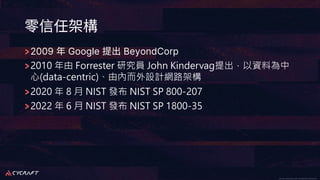 CyCraft Proprietary and Confidential Information CyCraft Proprietary and Confidential Information
2009 Google BeyondCorp
2010 年由 Forrester 研究員 John Kindervag提出，以資料為中
⼼(data-centric)、由內⽽外設計網路架構
2020 年 8 ⽉ NIST 發布 NIST SP 800-207
2022 年 6 ⽉ NIST 發布 NIST SP 1800-35
 