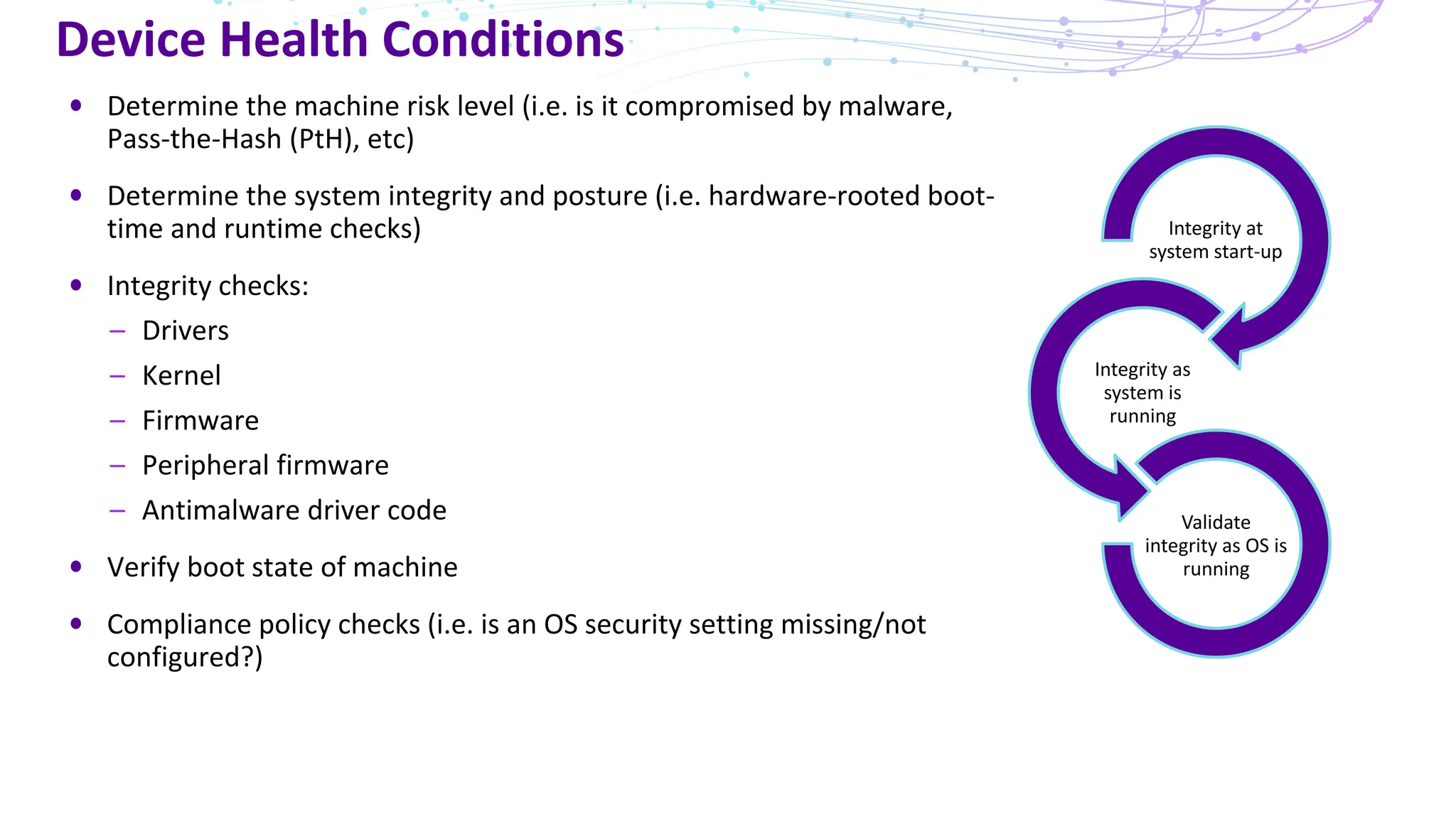 Device Health Conditions
Determine the machine risk level (i.e. is it compromised by malware,
Pass-the-Hash (PtH), etc)
Determine the system integrity and posture (i.e. hardware-rooted boot-
time and runtime checks)
Integrity checks:
– Drivers
– Kernel
– Firmware
– Peripheral firmware
– Antimalware driver code
Verify boot state of machine
Compliance policy checks (i.e. is an OS security setting missing/not
configured?)
Integrity at
system start-up
Integrity as
system is
running
Validate
integrity as OS is
running
 