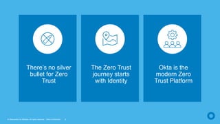 © Okta and/or its affiliates. All rights reserved. Okta Confidential 9
The Zero Trust
journey starts
with Identity
There’s no silver
bullet for Zero
Trust
Okta is the
modern Zero
Trust Platform
 