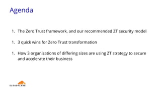 Agenda
1. The Zero Trust framework, and our recommended ZT security model
1. 3 quick wins for Zero Trust transformation
1. How 3 organizations of differing sizes are using ZT strategy to secure
and accelerate their business
 