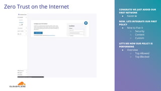 Zero Trust on the Internet
22
CONGRATS! WE JUST ADDED OUR
FIRST NETWORK
● Kaizen ✌️
NOW, LETS INTEGRATE OUR FIRST
POLICY
● Nine to Five ⌚️
○ Security
○ Content
○ Custom
LET’S SEE HOW OUR POLICY IS
PERFORMING
● Overview
○ Top Allowed
○ Top Blocked
 